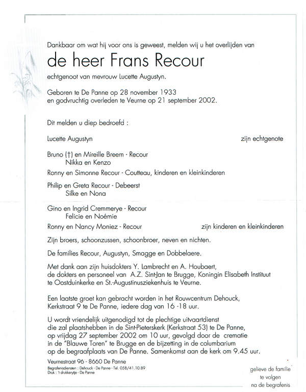 Overlijdensbrief Frans Recour